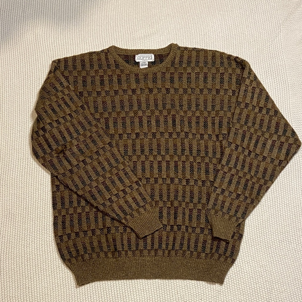 Gianfranco Ruffini Vintage Men's Brown and Black Patterned Crewneck Sweater